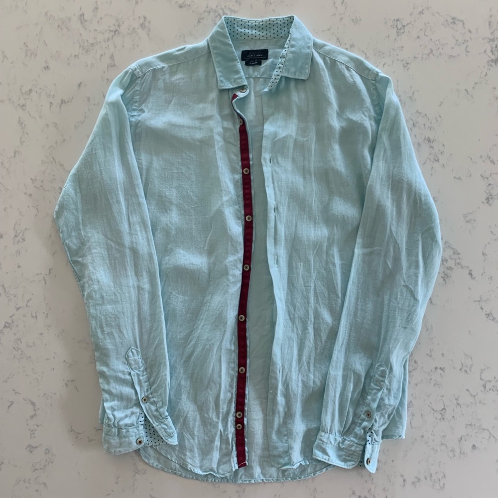 Men’s Zara Linen Slim Fit Aqua Button Down Shirt